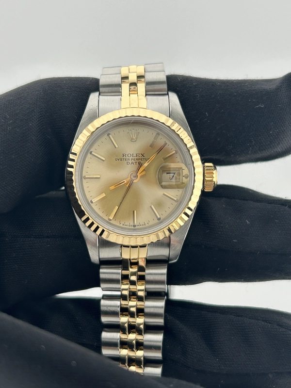 Rolex Date Lady Champagne Stick Dial on 2 Tone Jubilee D Link Bracelet Ref. 69173 1986 view 2