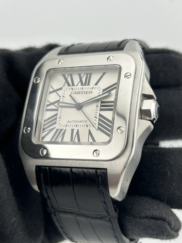 Cartier Santos 100 Large Silver Roman Numerals Dial on Leather Ref. W2007GX Manuals Only view 2