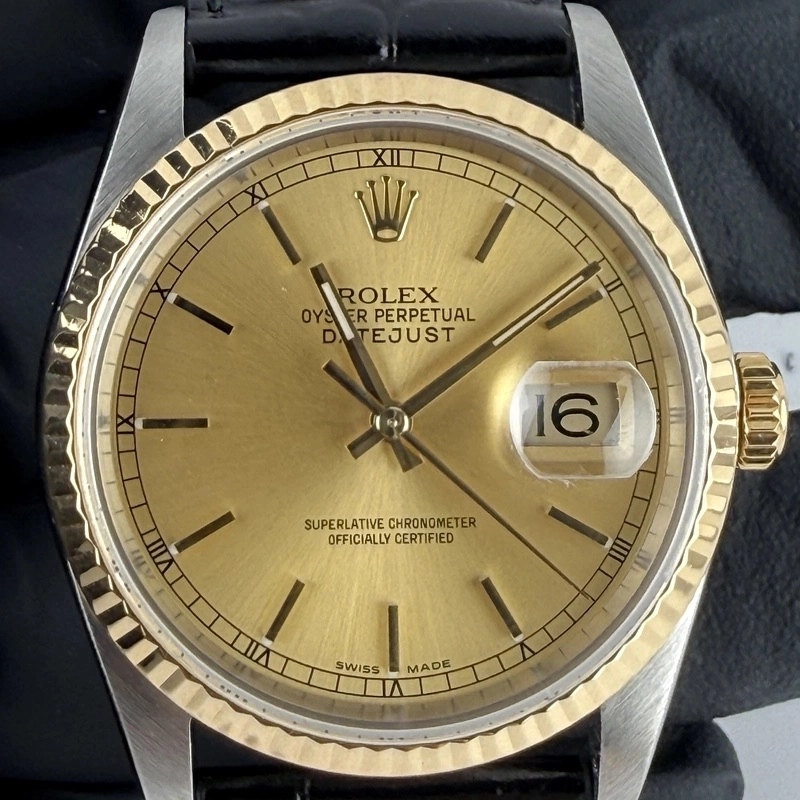 Rolex Datejust 36 Champagne Stick Dial on Generic Black Leather Strap Ref. 16233 1996