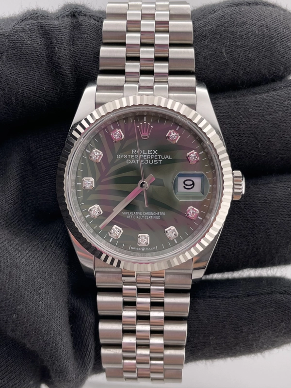 Rolex Datejust Olive Green Palm Motif Diamond 6 Dial on Jubilee Ref. 126234 Card 2023 view 2