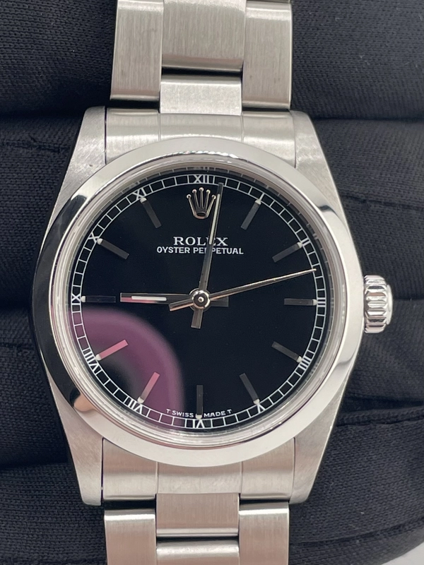 Rolex Oyster Perpetual Black Stick Dial on Oyster Steel Bracelet Ref. 77080 1999 view 2