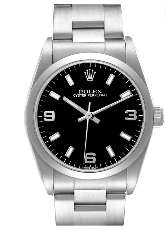 Rolex Oyster Perpetual Black Stick Dial on Oyster Ref. 77080 Papers 1999 — Saleh Jewelers