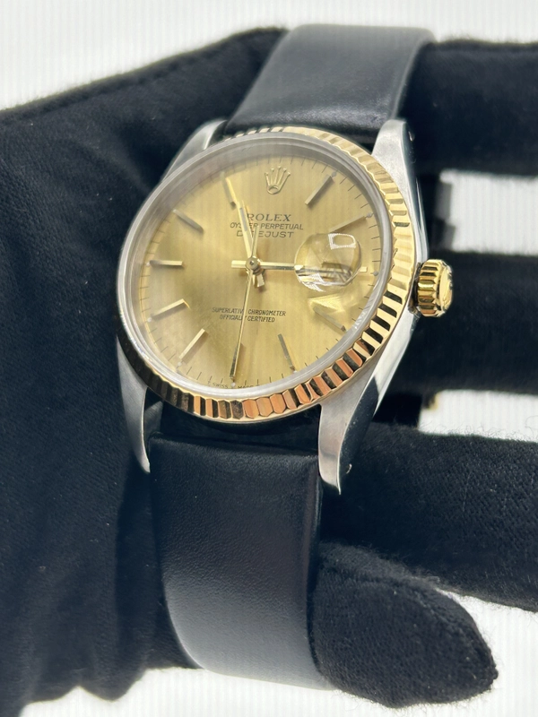 Rolex Datejust Champagne Stick Dial on Generic Black Leather Strap Ref. 16233 1993 view 3