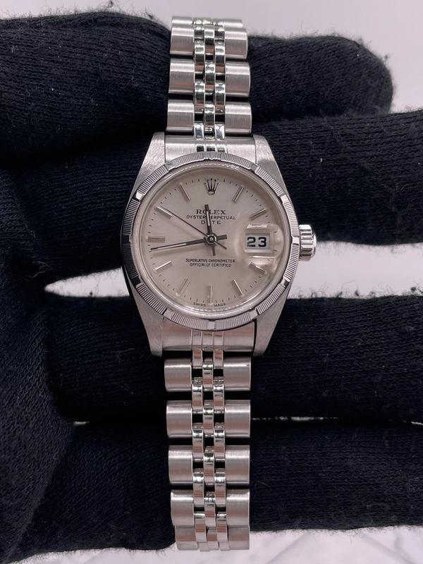 Rolex Oyster Perpetual Date Silver Stick Dial on Jubilee Ref. 79190 Papers Open Date view 2