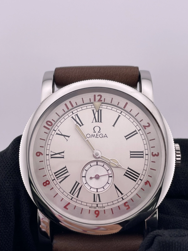 Omega Museum Silver Roman Numerals Dial on Brown Leather Strap Ref. 516.13.41.10.02.001 Complete Open Date view 2