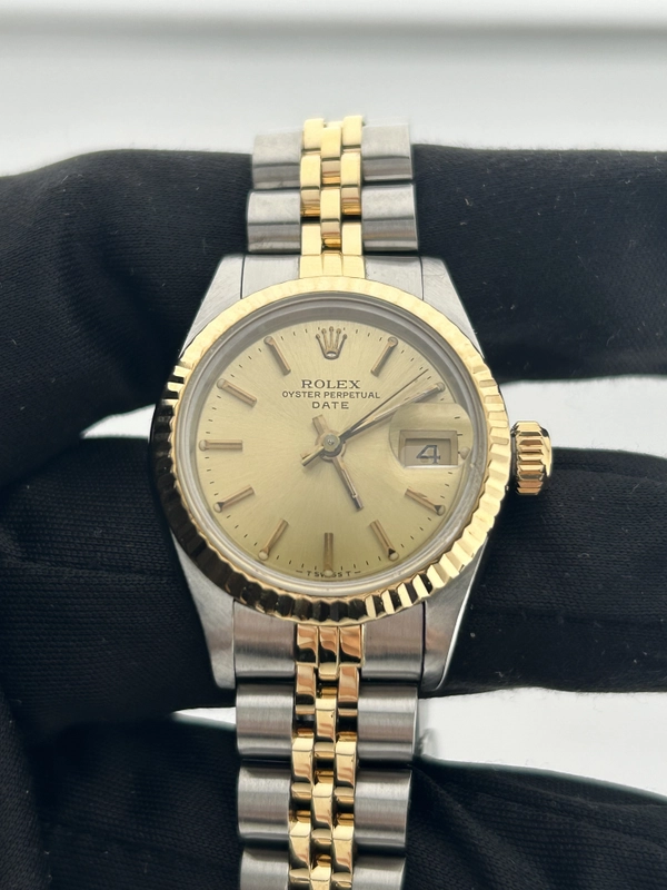 Rolex Date Lady Champagne Stick Dial on 2 Tone D Link Jubilee Bracelet Ref. 69173 1984 view 2