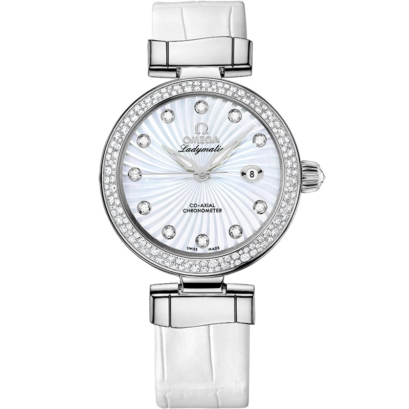 Omega De Ville Ladymatic Omega Co-Axial White Diamond Dial on Leather Strap Ref. 425.38.34.20.55.001 Card Open Date