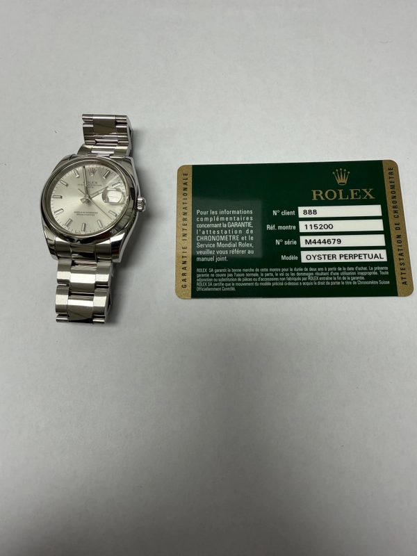 Rolex Oyster Perpetual Date Silver Stick Dial on Oyster Ref. 115200 Card 2012 view 5