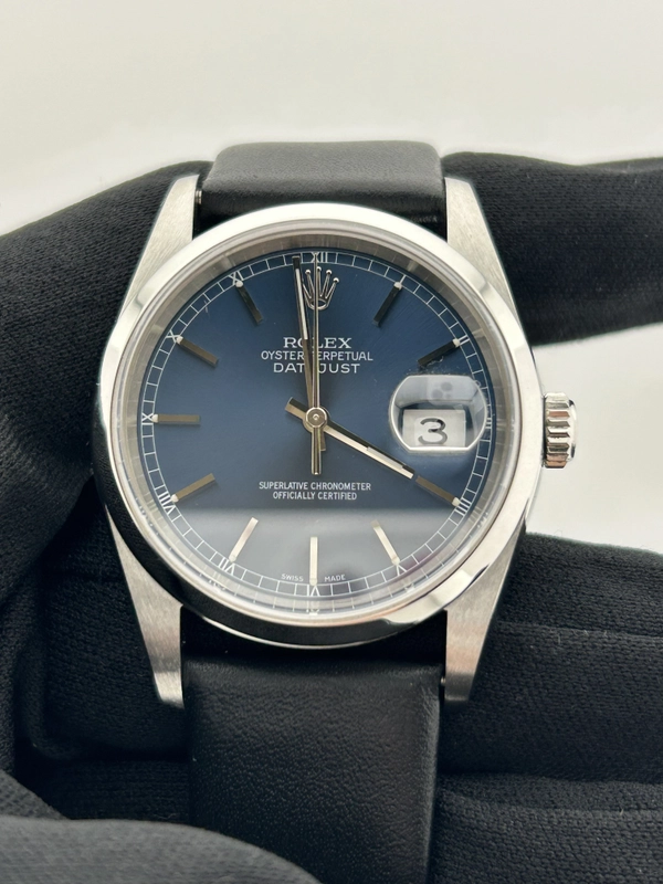 Rolex Datejust Blue Index Dial on Generic Black Leather Strap Ref. 16200 2004 view 3