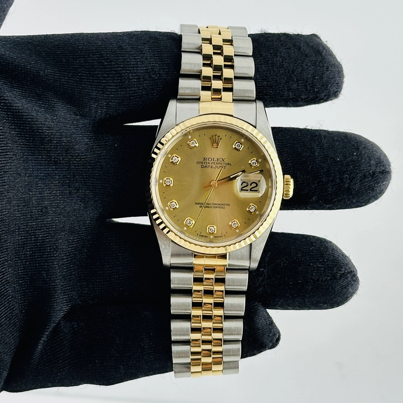 Rolex Datejust Champagne Diamond Factory Dial on D Link Jubilee Bracelet Ref. 16233G Papers 1995 view 2