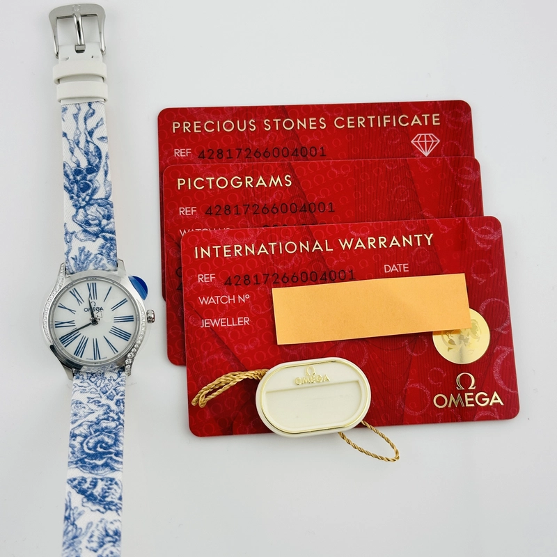 Omega De Ville Mini Tr√©sor Quartz White / Blue Roman Markers Dial on Fabric Strap Ref. 428.17.26.60.04.001 Card Open Date view 5