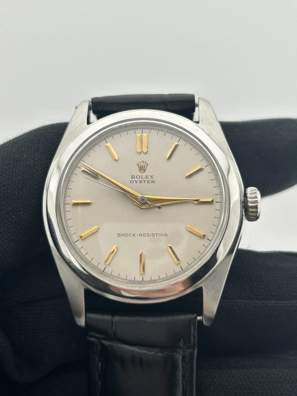 Rolex Oyster Ivory Dial on Generic Black Leather Band Ref. 6082 1962 view 2