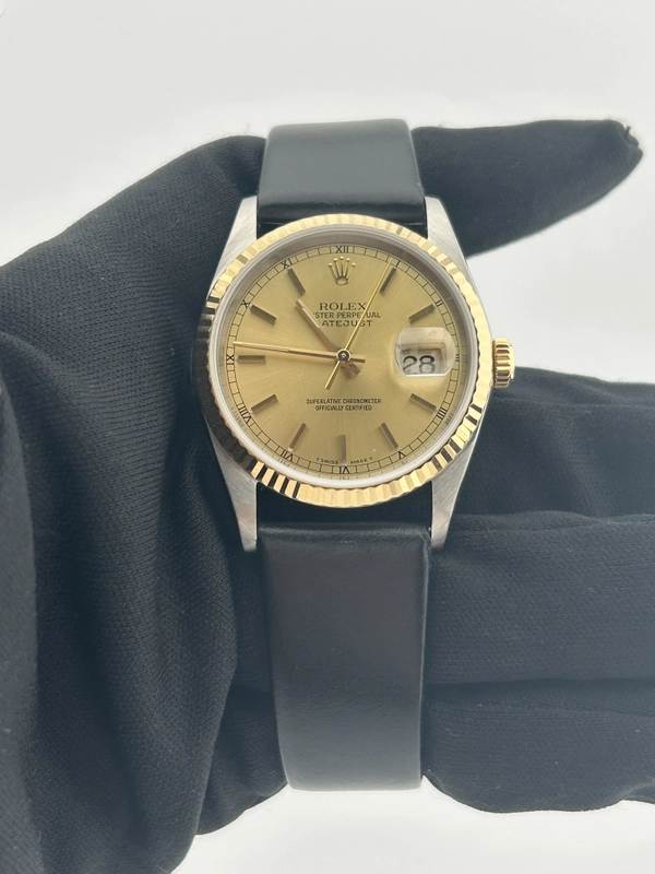 Rolex Datejust 36 Champagne Stick Dial on Generic Black Leather Band Ref. 16233 1995