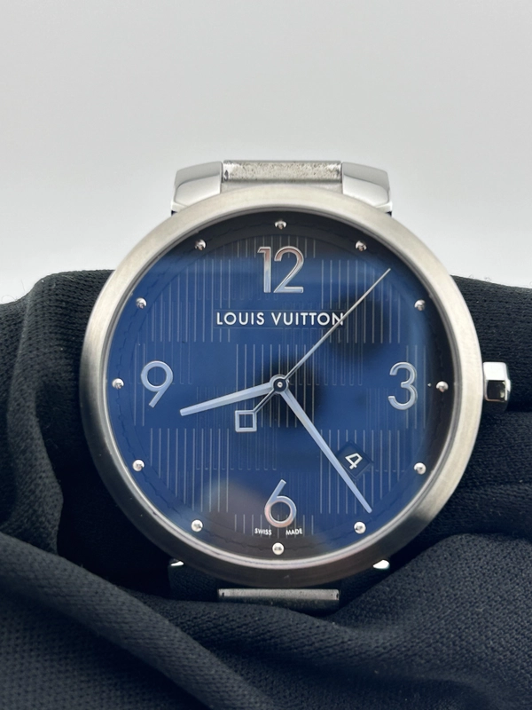 Louis Vuitton Tambour Damier Date Black Dial on Stainless Steel Bracelet Ref. Q1D00 Complete 2015 view 3