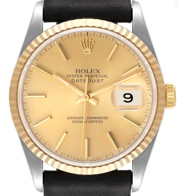Rolex Datejust 36 Champagne Stick Dial on Generic Black Leather Strap Ref. 16233 1991