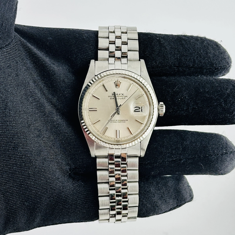 Rolex Datejust Silver Stick / Has Spots Dial on Folded Jubilee Bracelet Ref. 1601/4 1970 view 2
