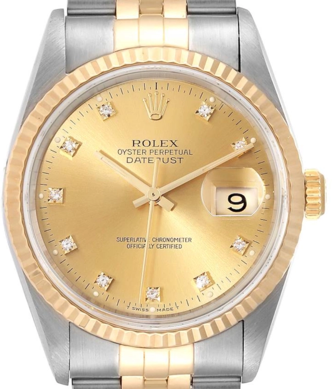 Rolex Datejust 36 Champagne Diamond Dial on Generic Black Leather Strap Ref. 16233G 1991