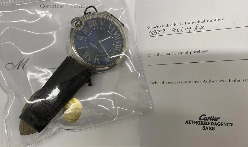 Cartier Ballon Bleu Blue Dial on Leather Ref. 3377 Papers Open Date view 3