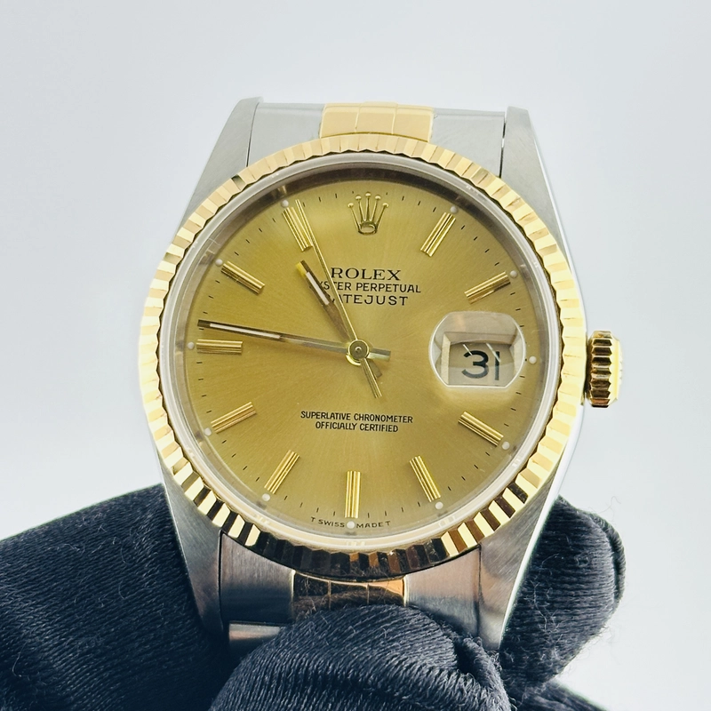 Rolex Datejust Champagne Stick Dial on D Link Jubilee Bracelet Ref. 16233 Papers 1996 view 3