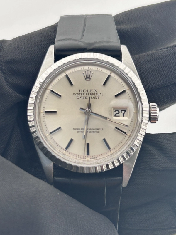 Rolex Datejust 36 Silver Index Dial on Generic Black Leather Band Ref. 1601 view 2