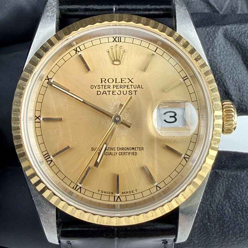 Rolex Datejust 36 Gold Stick Dial on Generic Leather Strap Ref. 16233 1993