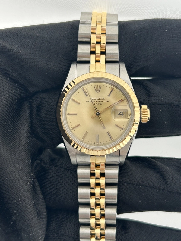 Rolex Date Lady Champagne Stick Dial on 2 Tone D Link Jubilee Bracelet Ref. 69173 1984