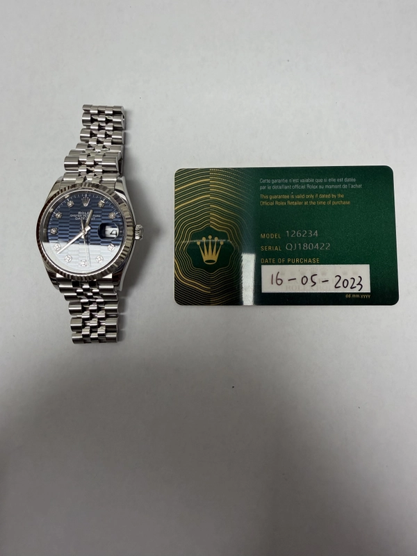 Rolex Datejust Bright Blue Fluted Motif Diamond Dial on Jubilee Ref. 126234 Card 2023 view 5