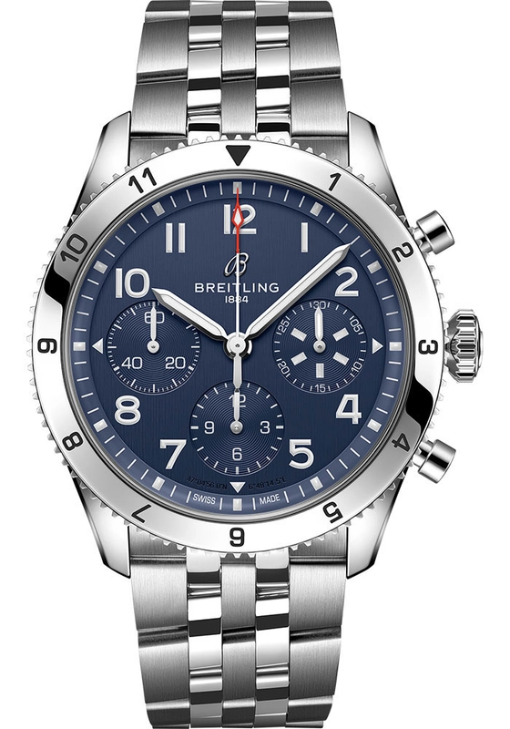 Breitling Classic AVI Chronograph Blue Dial on Stainless Steel Bracelet Ref. A233801A1C1A1 Complete 2023