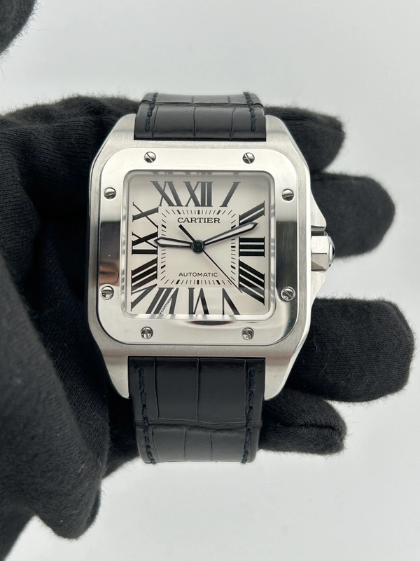 Cartier Santos 100 Large Silver Roman Numerals Dial on Leather Ref. W2007GX Manuals Only
