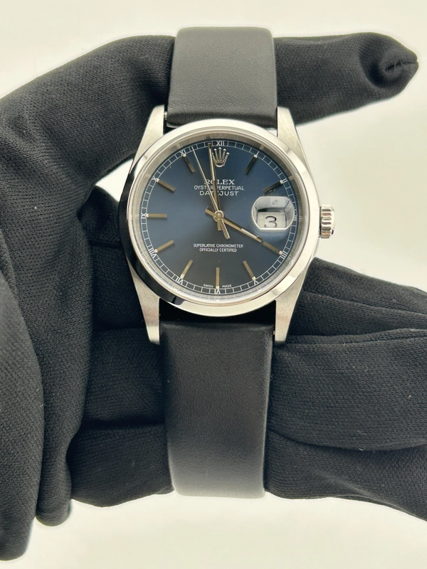 Rolex Datejust Blue Index Dial on Generic Black Leather Strap Ref. 16200 2004 view 2