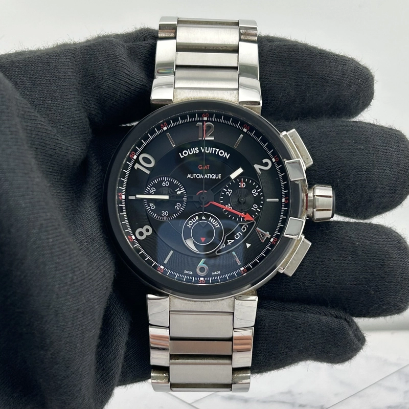 Louis Vuitton Tambour Chronograph GMT Black Dial on Stainless Steel Bracelet Ref. Q1052 Papers 2016 view 2