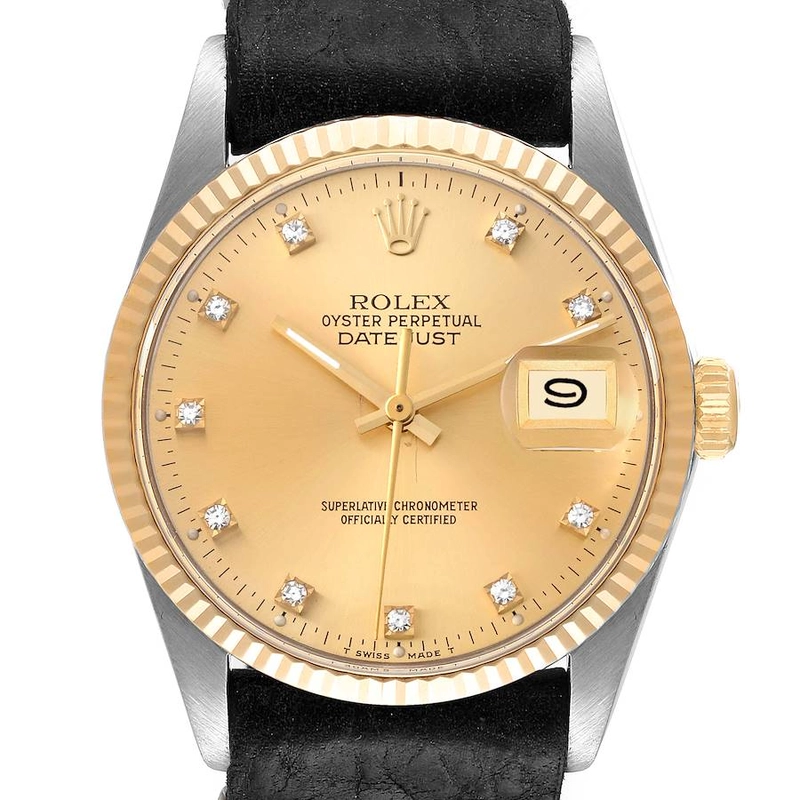 Rolex Datejust Champagne Diamond Factory Dial on Generic Black Leather Band Ref. 16233G 1993