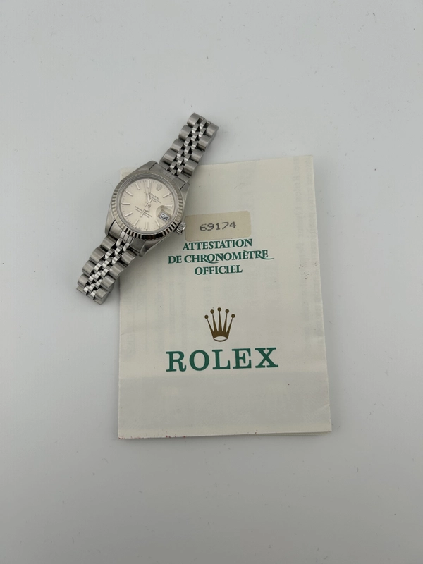 Rolex Datejust Lady Silver Stick Dial on Jubilee D Link Bracelet Ref. 69174 Papers 1992 view 7