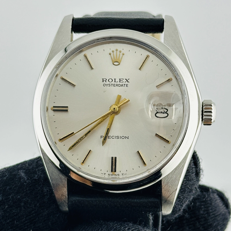 Rolex Oysterdate Precision Silver / Gold Stick Dial on Generic Black Leather Strap Ref. 6694 1975 view 2