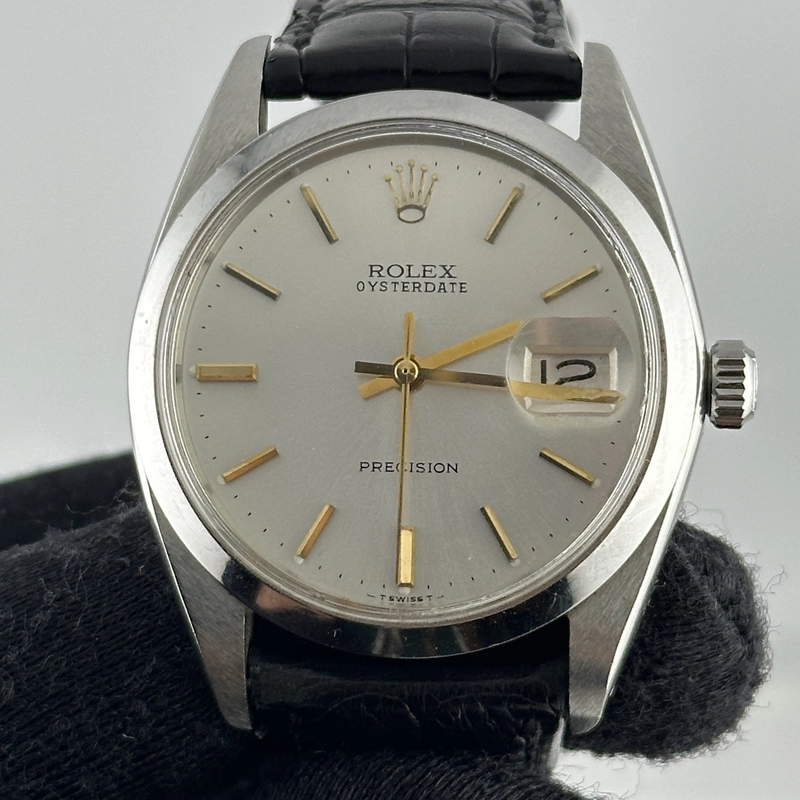 Rolex Oysterdate Precision Silver / Gold Stick Dial on Black Leather Strap Ref. 6694 view 2