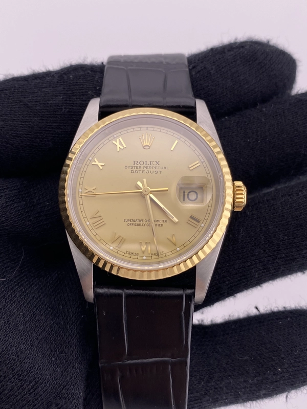 Rolex Datejust 36 Champagne Stick Dial on Generic Leather Band Ref. 16233