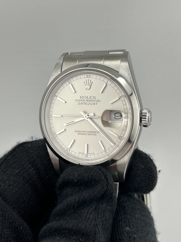 Rolex Datejust 36 Silver Stick Dial on Jubilee Ref. 16200 Papers 2000 view 3