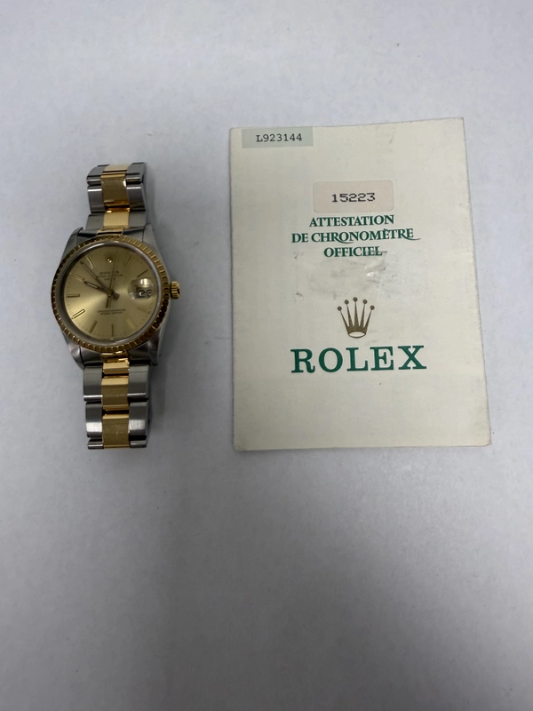 Rolex Oyster Perpetual Date Champagne Stick Dial on Oyster Ref. 15223 Papers 1990 view 6