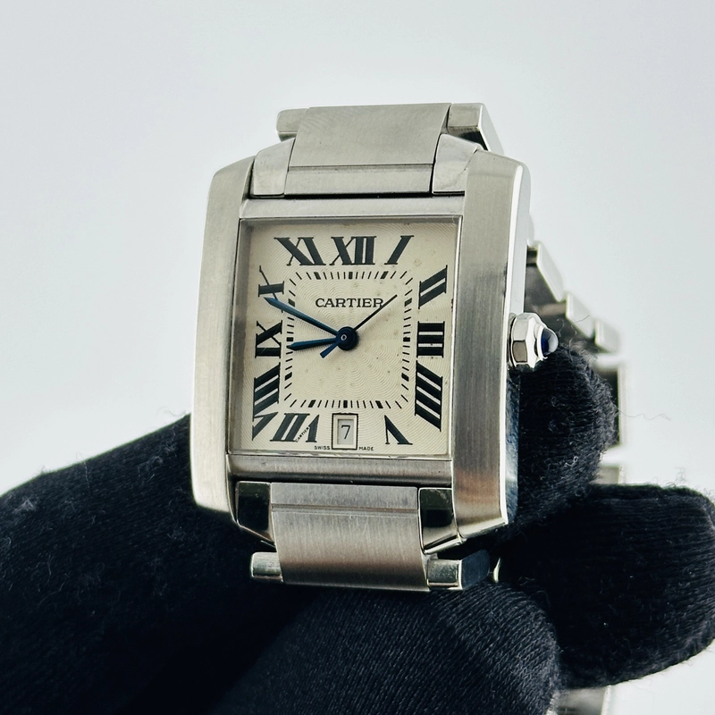 Cartier Tank Francaise Large White Roman Dial on Stainless Steel Bracelet Ref. 2302 view 3