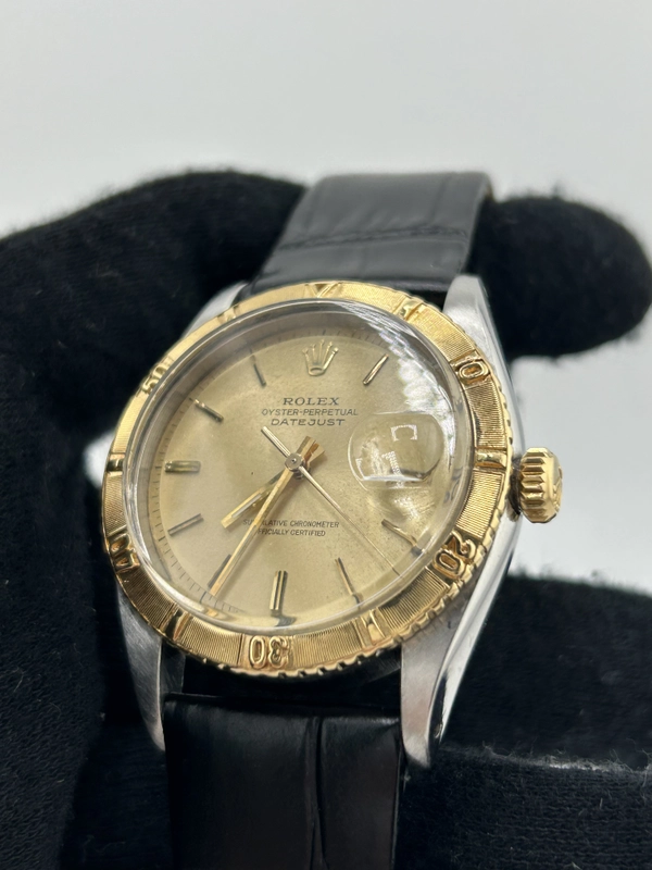 Rolex Datejust Turn-o-Graph Champagne Stick Dial on Generic Black Leather Band Ref. 6609 1958 view 3