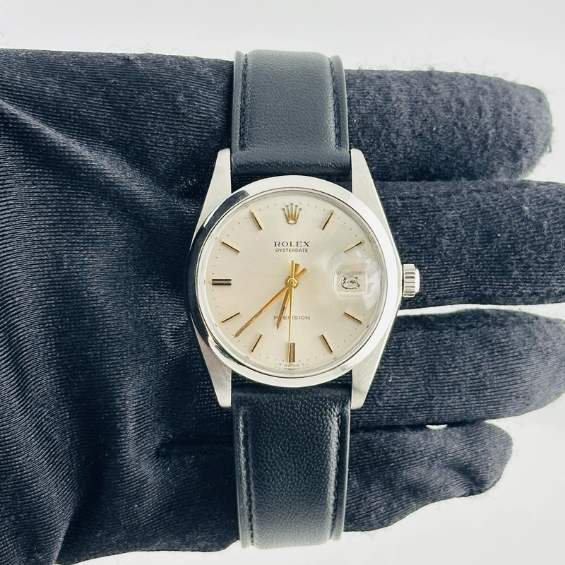 Rolex Oysterdate Precision Silver / Gold Stick Dial on Generic Black Leather Strap Ref. 6694 1975