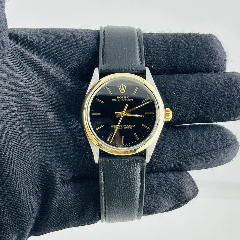 Rolex Oyster Perpetual Black / Gold Stick Sigma Dial on Generic Leather Band Ref. 1002 1978 view 2