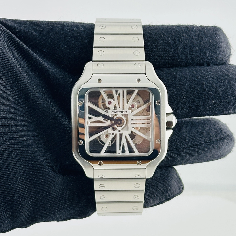 Cartier Santos Skeleton Skeleton Dial on Stainless Steel Bracelet Ref. 4109 Complete Open Date view 2