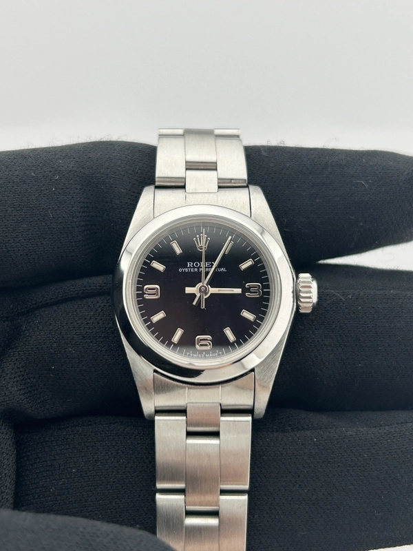 Rolex Oyster Perpetual Black Dial on Oyster Steel Bracelet Ref. 67180 Papers 1997 view 3