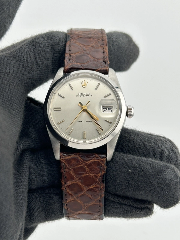Rolex Oysterdate Precision Silver Stick / Refinished Dial on Brown Leather Strap Ref. 6694 1978