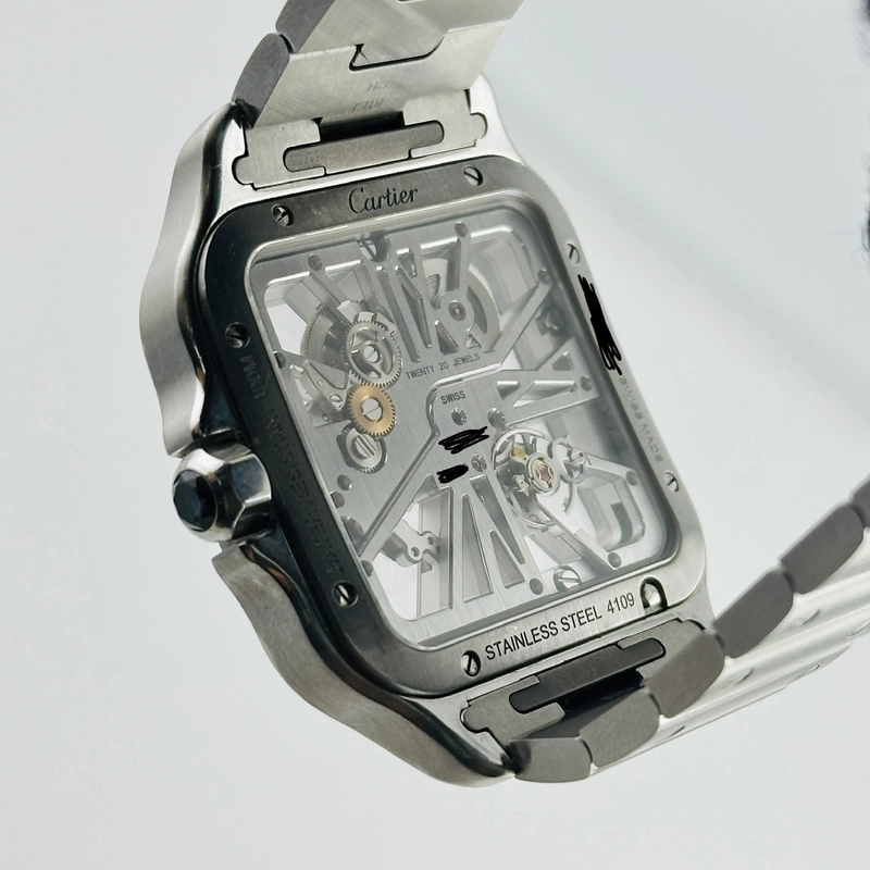 Cartier Santos Skeleton Skeleton Dial on Stainless Steel Bracelet Ref. 4109 Complete Open Date view 4
