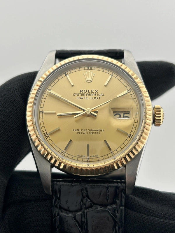 Rolex Datejust 36 Champagne Stick Dial on Generic Black Leather Band Ref. 16013 1981 view 3