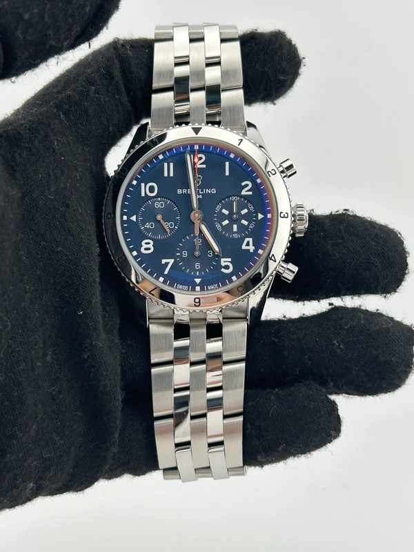 Breitling Classic AVI Chronograph Blue Dial on Stainless Steel Bracelet Ref. A233801A1C1A1 Complete 2023 view 2