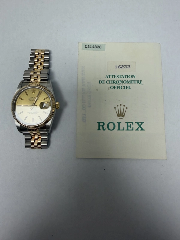 Rolex Datejust Champagne Stick Dial on Jubilee Ref. 16233 Papers 1990 view 5