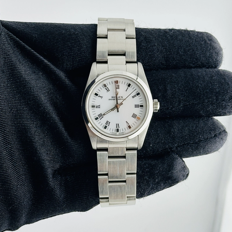Rolex Oyster Perpetual White Roman Dial on Oyster Bracelet Ref. 67480 Papers 1997 view 2